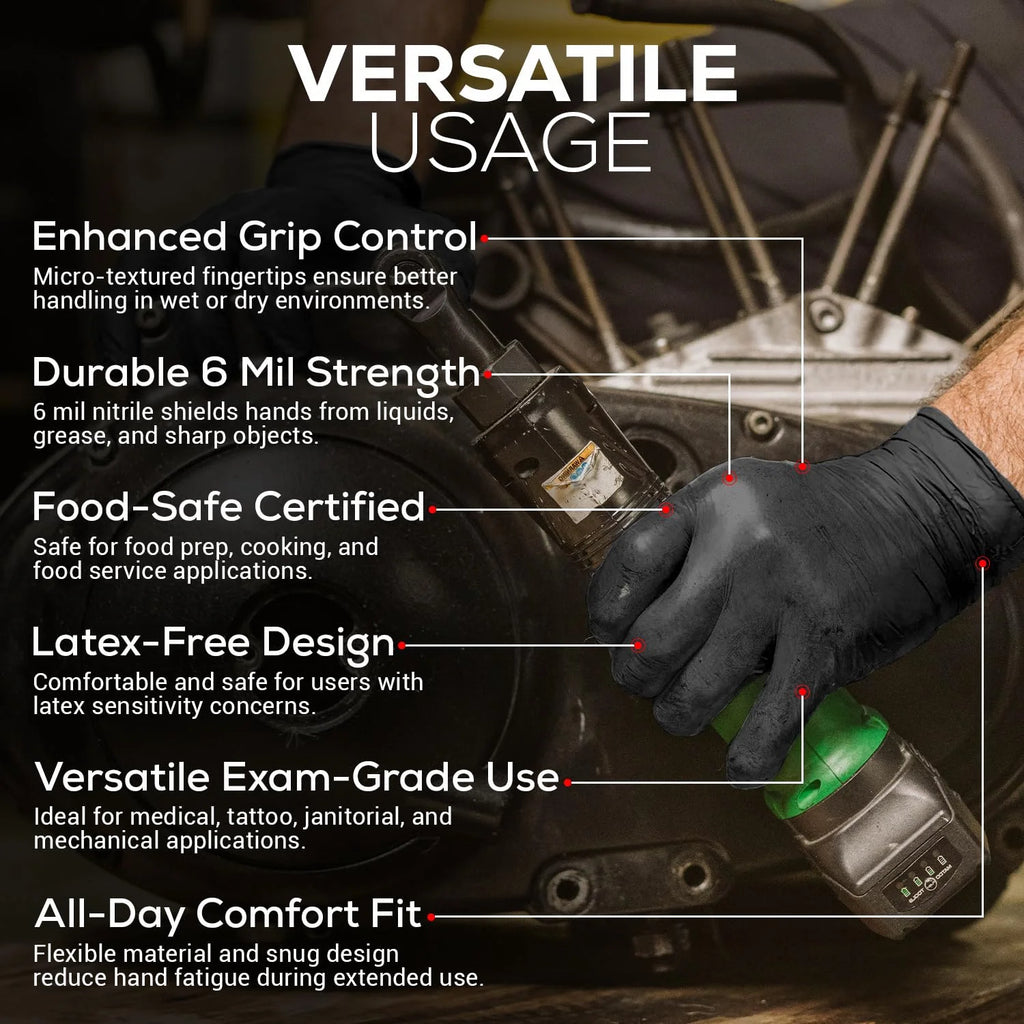 Volt Black 6 Mil Nitrile Disposable Gloves - Food Safe Disposable Gloves, Disposable Cleaning Gloves, Micro Textured Gloves for Enhanced Grip, Latex Free Gloves - 1000 Ct. (Large)