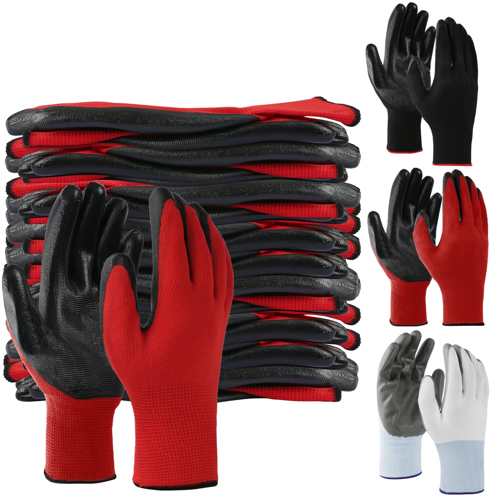 12Pairs Garden Man Safety Gloves With Knitted Red Nylon Dipped PU Nitrile Coated Palm Security Protective Work Gloves