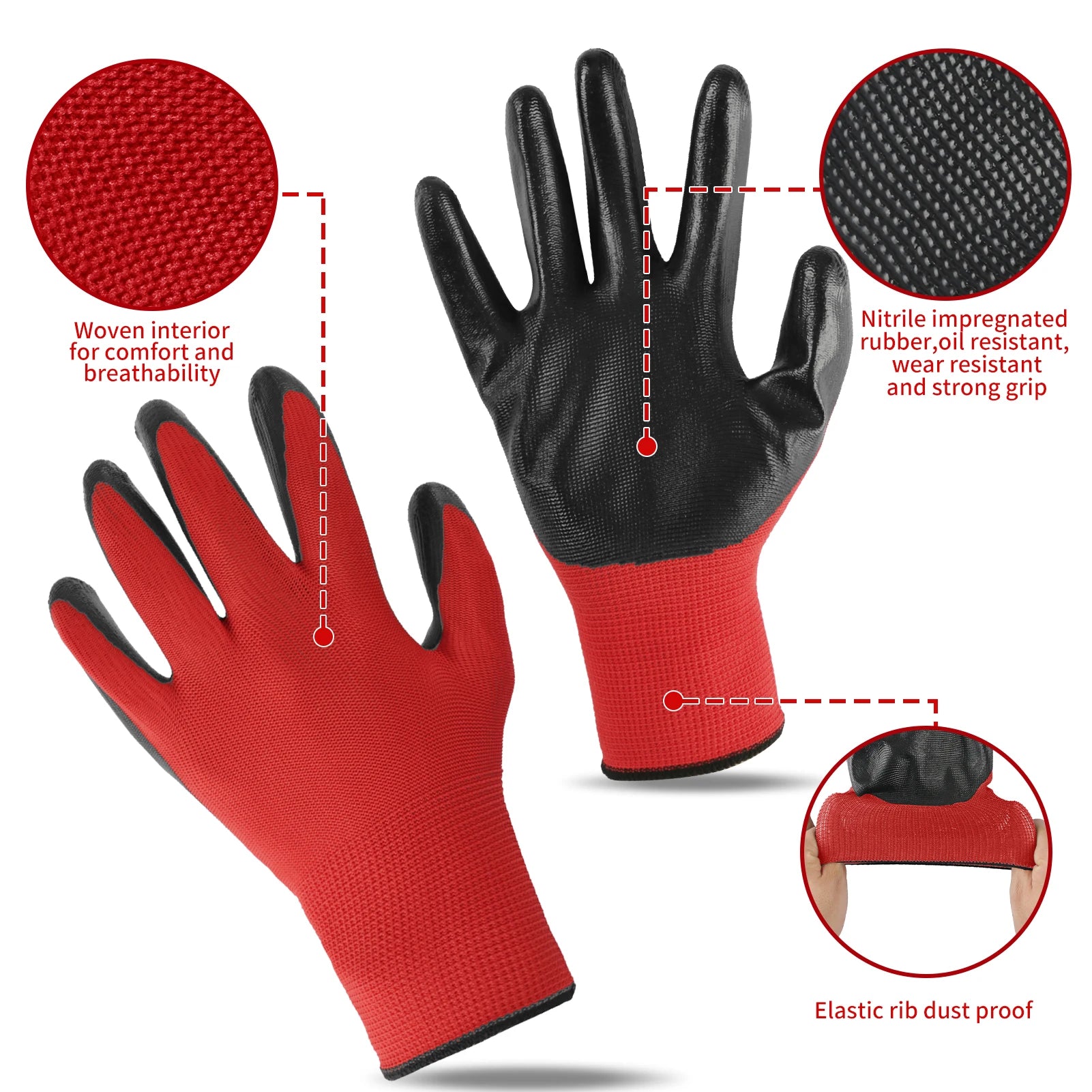 12Pairs Garden Man Safety Gloves With Knitted Red Nylon Dipped PU Nitrile Coated Palm Security Protective Work Gloves