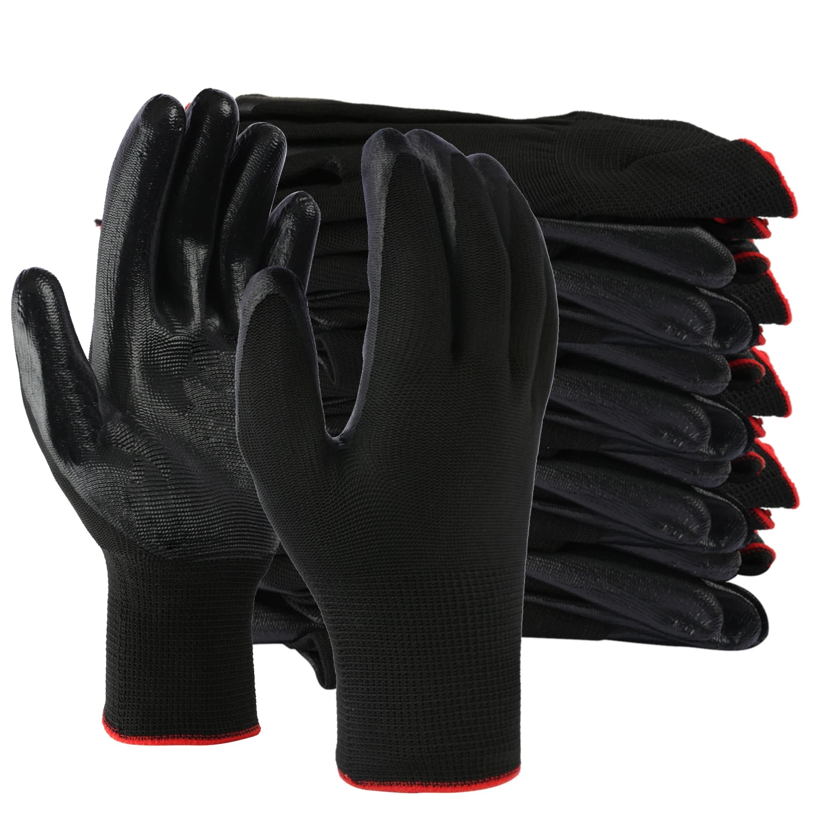 12Pairs Garden Man Safety Gloves With Knitted Red Nylon Dipped PU Nitrile Coated Palm Security Protective Work Gloves