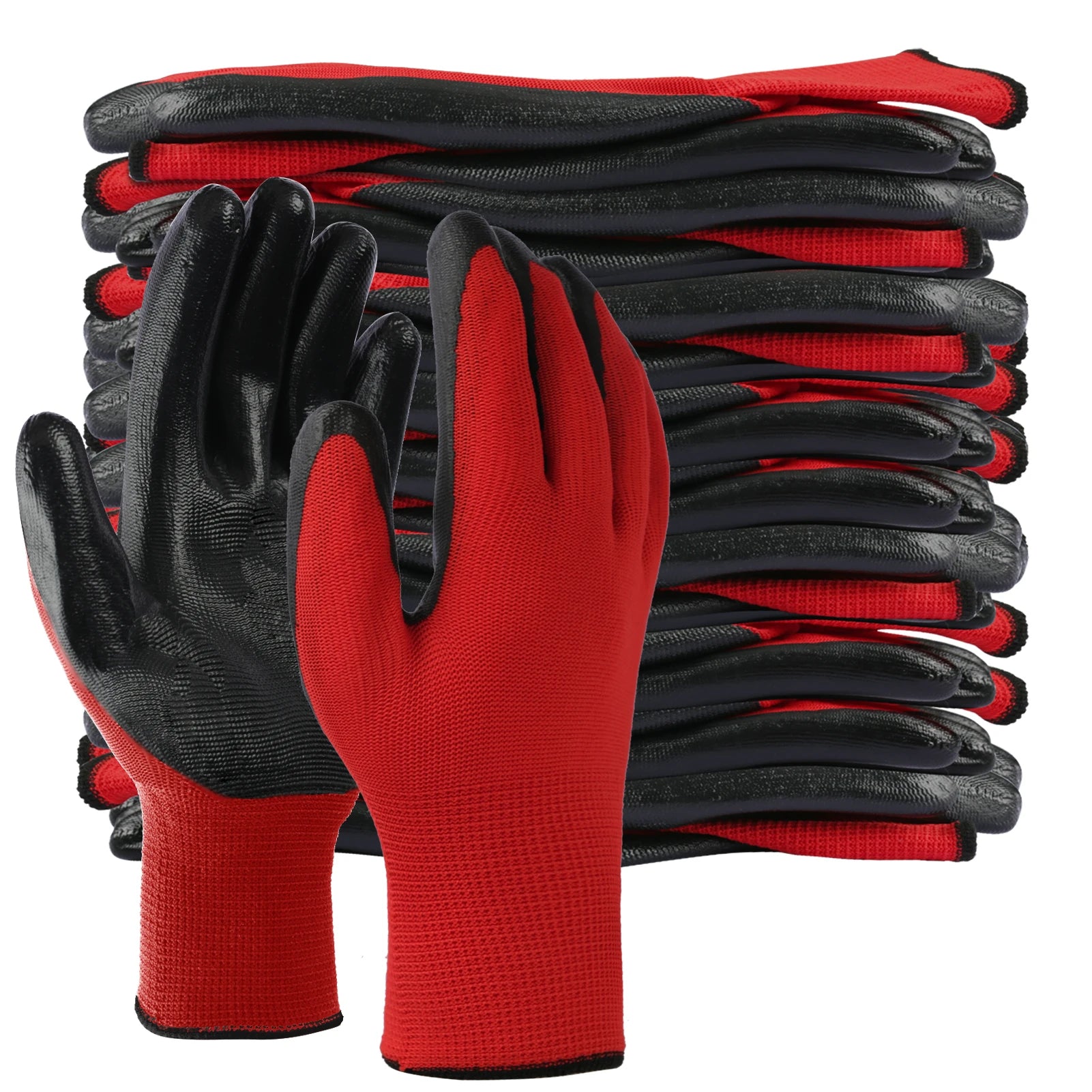 12Pairs Garden Man Safety Gloves With Knitted Red Nylon Dipped PU Nitrile Coated Palm Security Protective Work Gloves