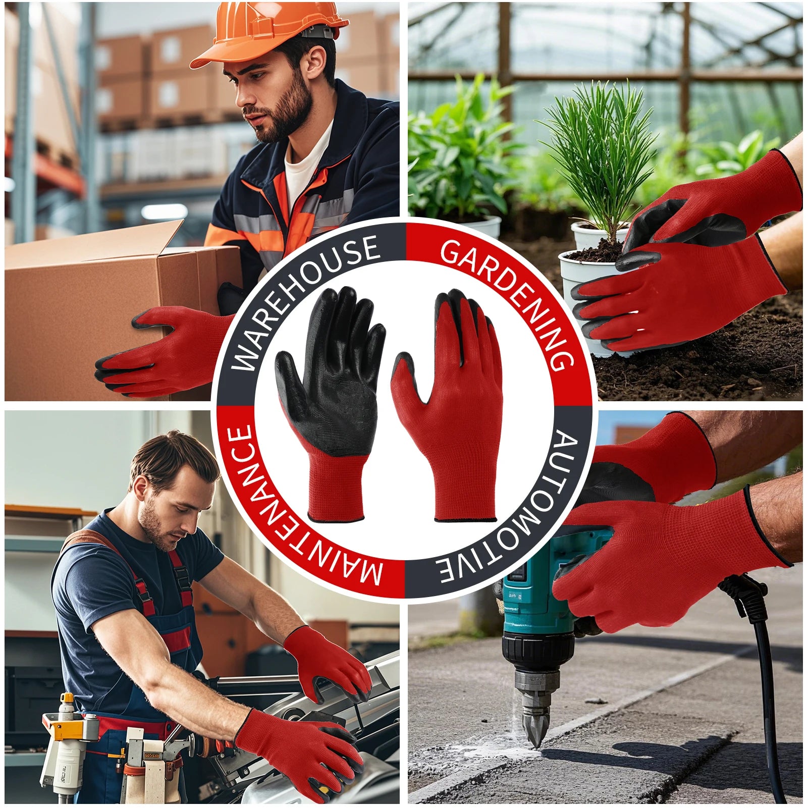12Pairs Garden Man Safety Gloves With Knitted Red Nylon Dipped PU Nitrile Coated Palm Security Protective Work Gloves