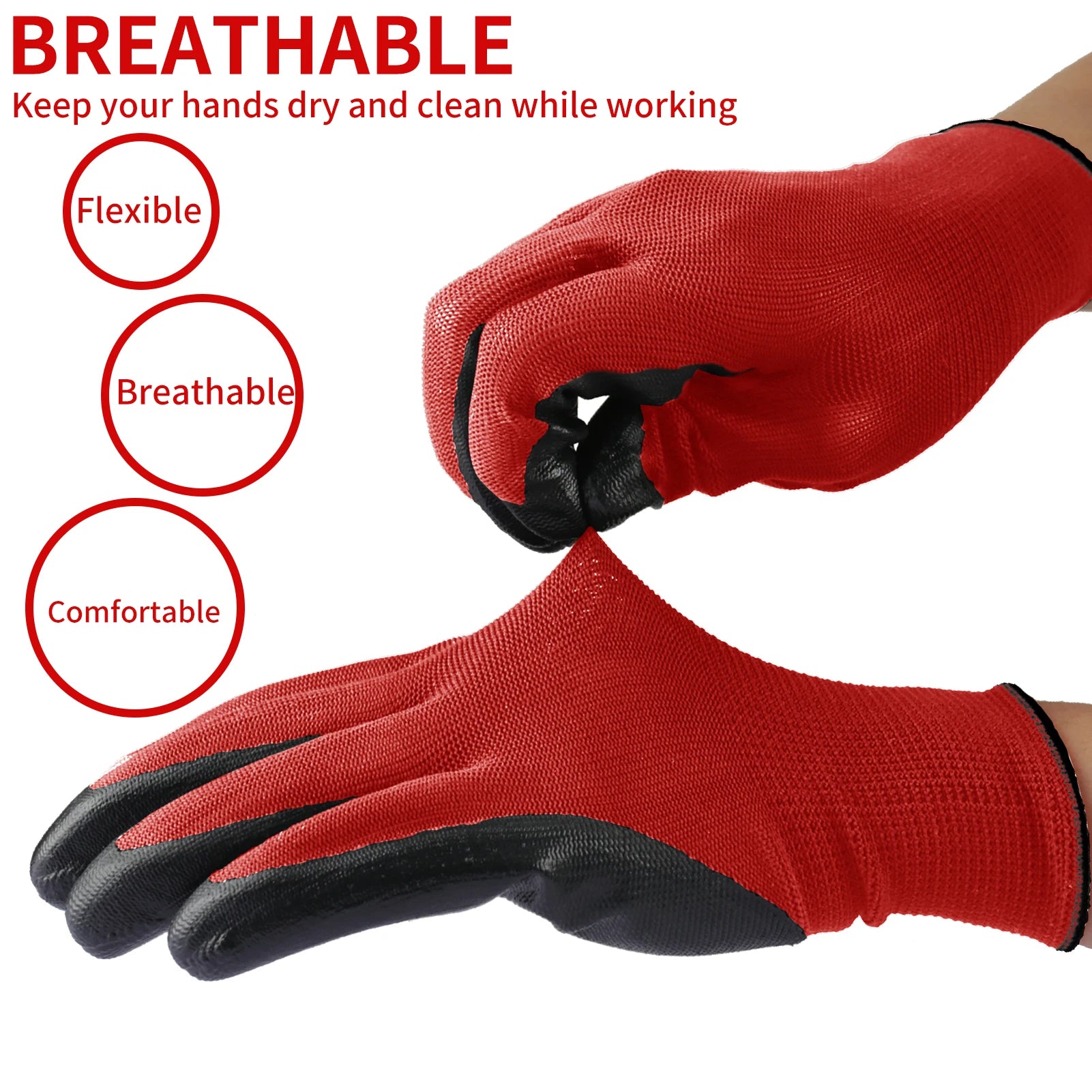 12Pairs Garden Man Safety Gloves With Knitted Red Nylon Dipped PU Nitrile Coated Palm Security Protective Work Gloves