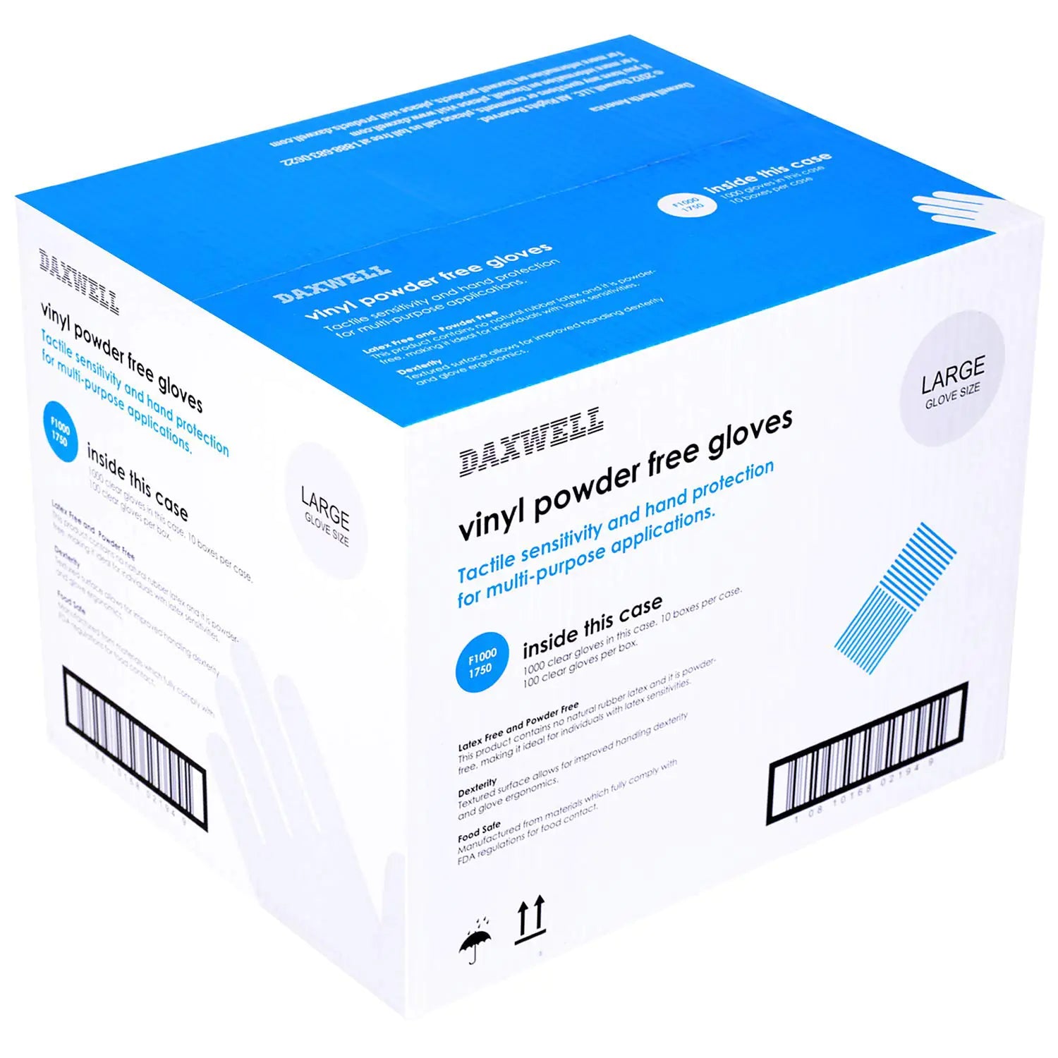 Daxwell Vinyl Gloves Powder Free Large Clear F10001750 (Case of 1000 10 Boxes of 100)