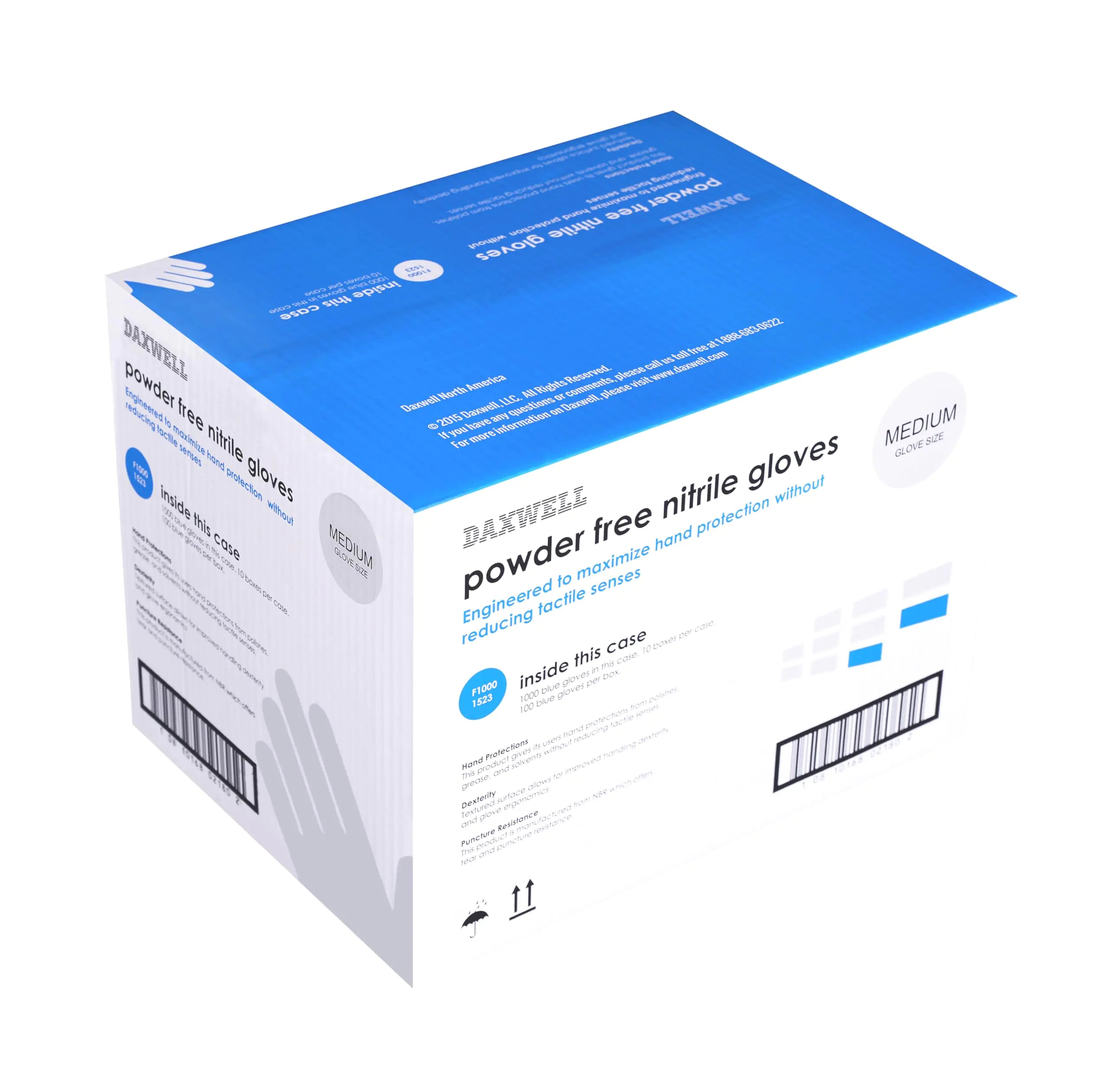 Daxwell Nitrile Gloves Powder Free Medium Blue F10001523 (Case of 1000 10 Boxes of 100)
